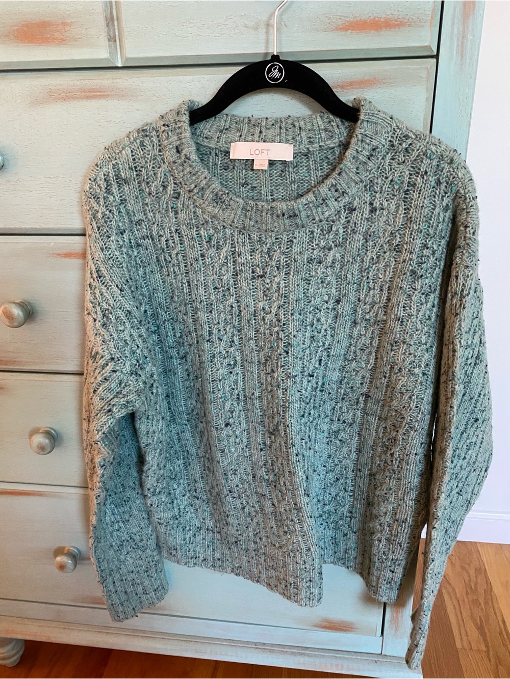 LOFT Green Heather Cable-Knit Crewneck Sweater